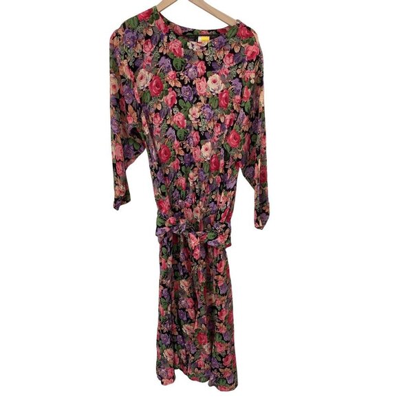 Carole Little Vintage Maxi Prairie Floral Dress Peplum Tied DROP Waist Front SIZ - Picture 1 of 6